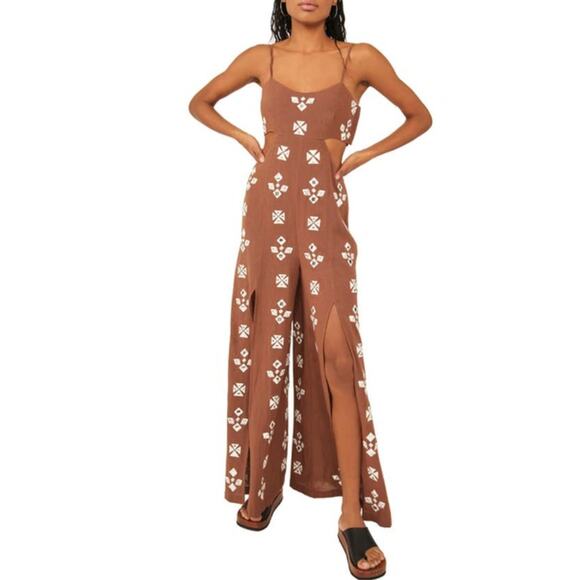 FREE PEOPLE Geo Daze Brown Cutout Jumpsuit Small Embroidered Split Wide Leg - Picture 3 of 11